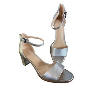 Clarks Ezoria Mae silver leather block heel ankle strap sandal